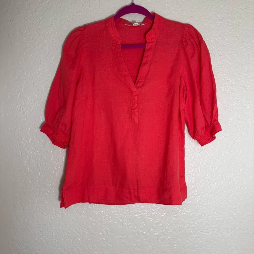 Lilly Pulitzer Womens Mialeigh Elbow Sleeve Top 100% Linen in Cane Corol Size 2